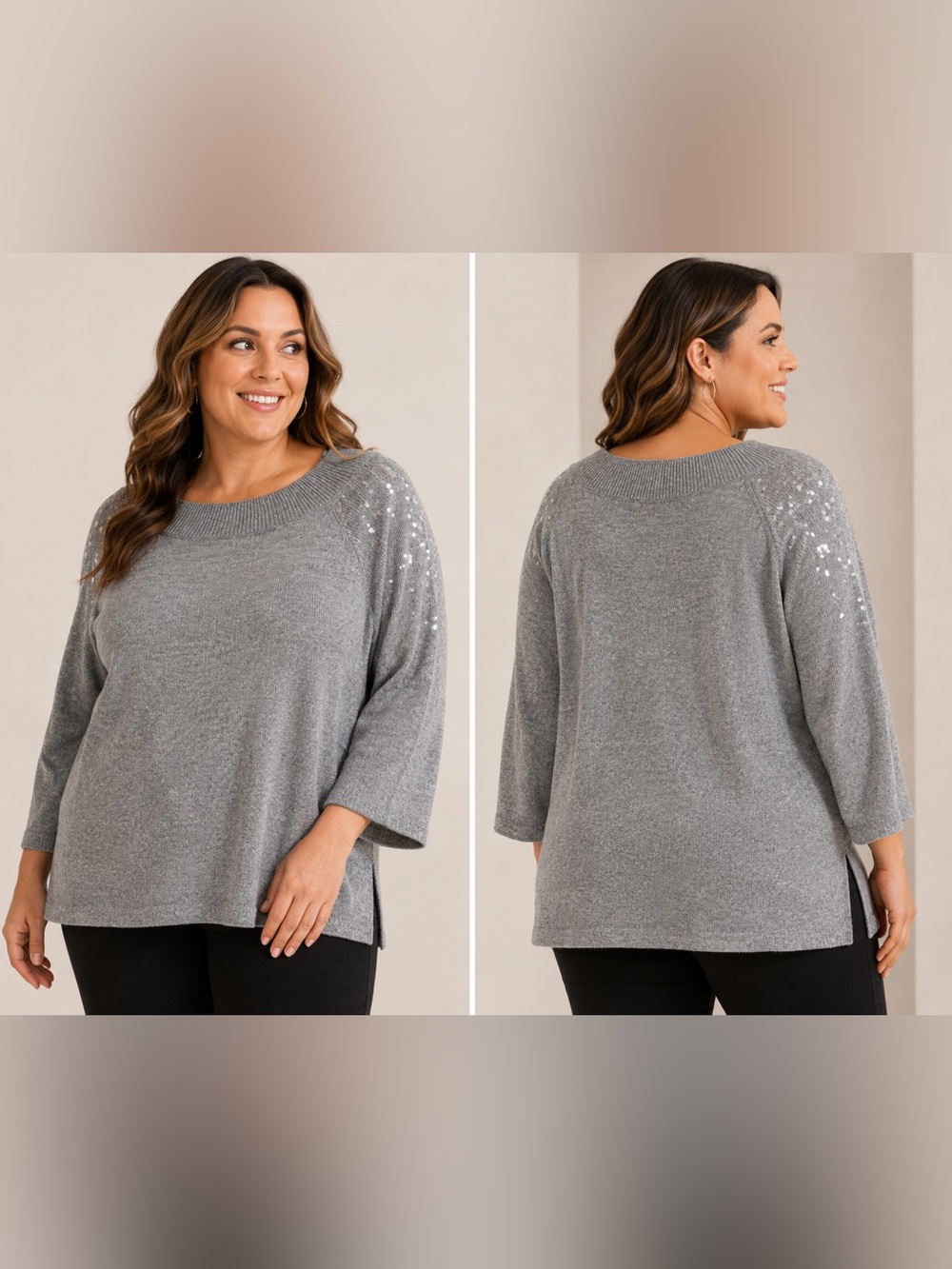 NIC+ZOE Gray Sequin Shoulder Sweater 2X Lightweight Knit Plus